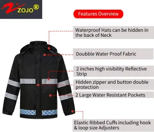 zojo High Visibility Safety Rain suit, Jacket, Pants High Visibility Reflective Rain Coats (Navy-XL)